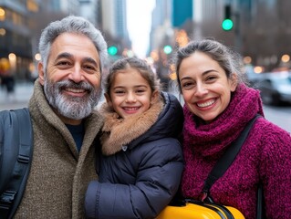 Fototapeta premium Family of Four Waiting for Taxi at Busy Street Corner in City