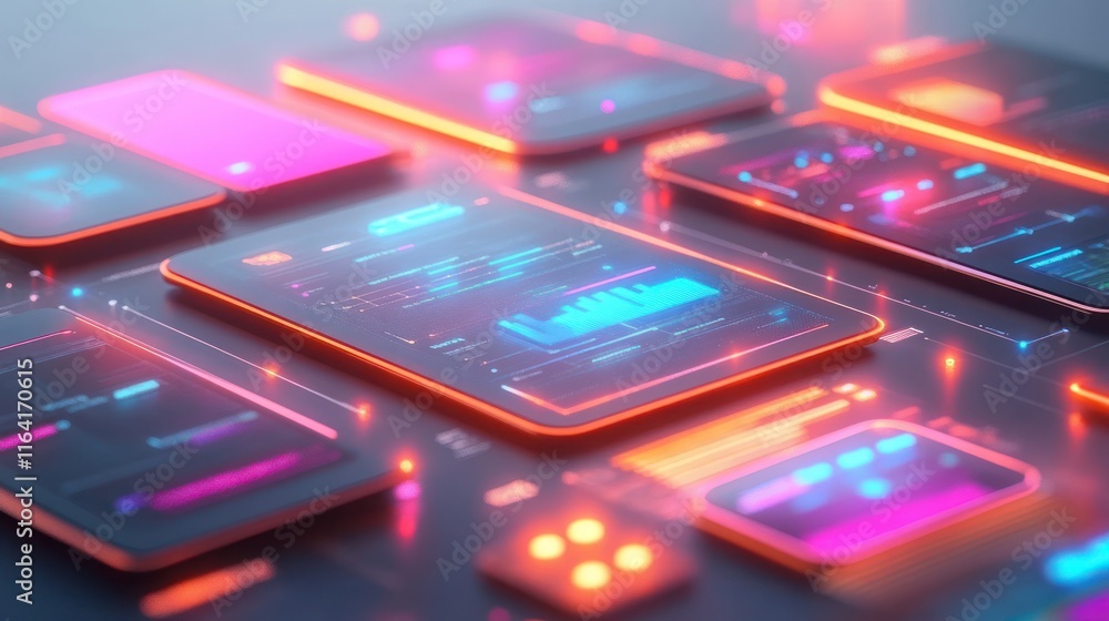 Poster futuristic digital devices displaying data.