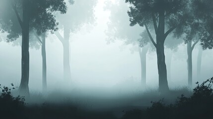 Misty forest scene with tall trees and soft light.