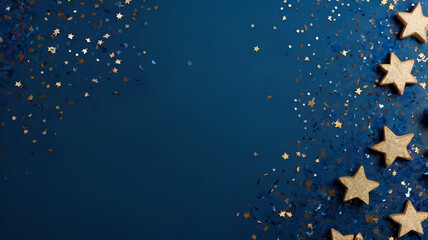 Glittering star-shaped decorations scattered across a deep blue background, creating a magical and celestial ambiance.