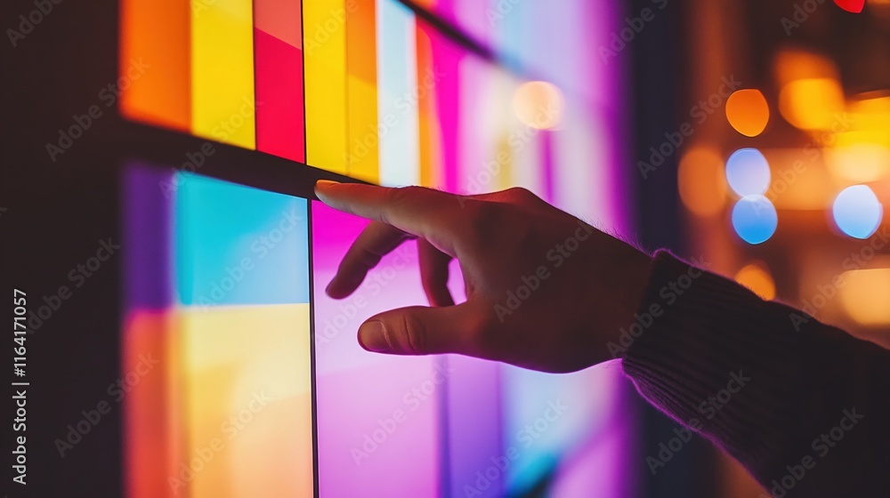 Poster hand touching colorful interactive screen with vibrant lights and patterns