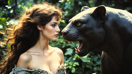 Girl and black panther in the jungle.