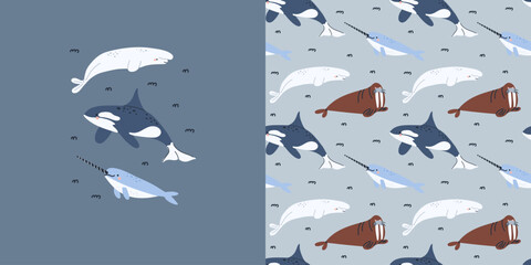Arctic sea animals seamless pattern. Polar fish and mammal. Northern cute ocean whale, narwhal, orca, beluga. Textile, wrapping paper, wallpaper. Print for fabric, cartoon flat isolated background