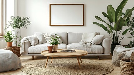 Cozy living room interior with sofa, plants, and wooden coffee table.