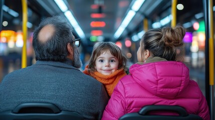 Family of Three Enjoying a Bus Ride in a Crowded City Scene