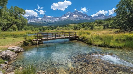 Scenic wooden bridge over a flowing stream in a lush forest setting during the day