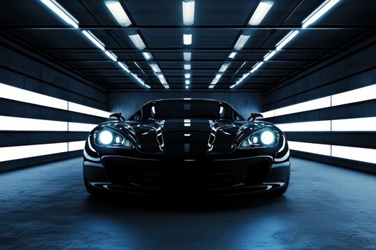 Sporty black car illuminated in a futuristic garage with neon lights