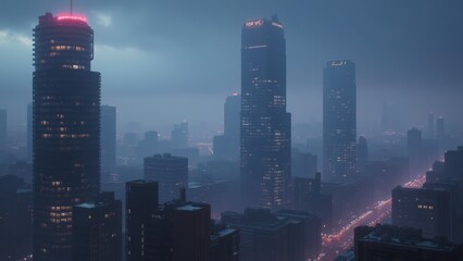 Naklejka premium Dark Metropolis: Rainy Night Cityscape