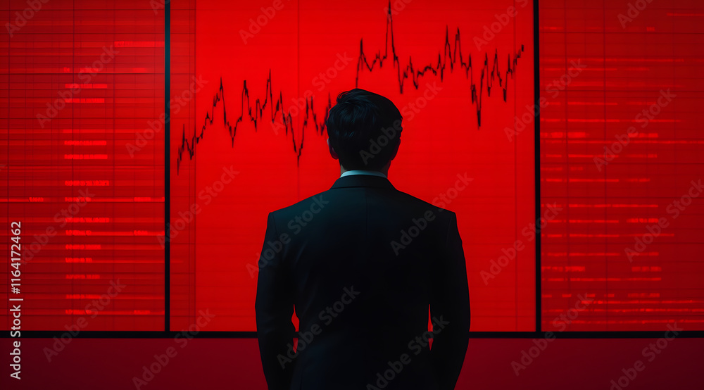 Aufkleber a man in a suit observes a red screen displaying fluctuating lines, symbolizing data analysis or fin