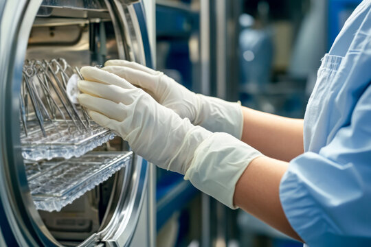 Hands wearing gloves placing surgical instruments in an autoclave machine for sterilization in a medical facility. Copy space