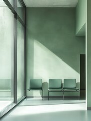 Modern waiting area with green walls and three chairs