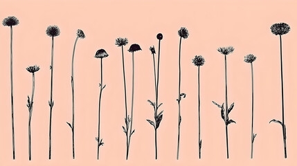 Dried thistle flowers on peach background, illustration for banner or poster, floral design element