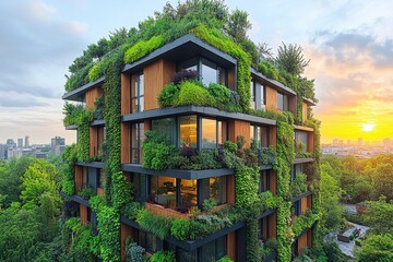 Eco-friendly apartment building covered in lush greenery at sunset.