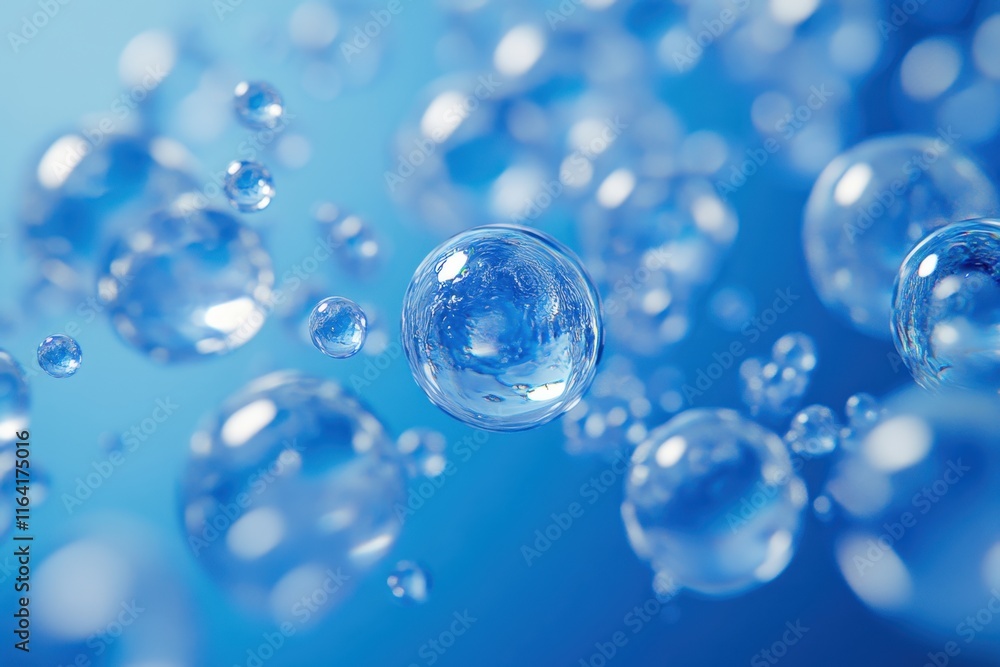 Poster bubbles float in clear water against a blue background, creating a calming visual effect