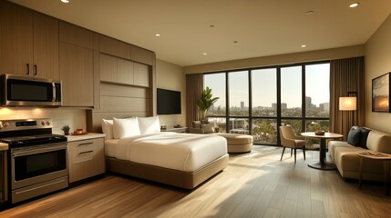 Fototapeta premium A cozy hotel room features a king-sized bed, modern kitchen appliances, and a large window with a stunning cityscape at sunset. Perfect for travelers seeking comfort and style.