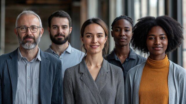 Diverse business team in office setting showing workplace inclusion. Multigenerational professionals in business attire represent modern corporate culture and leadership. 8k