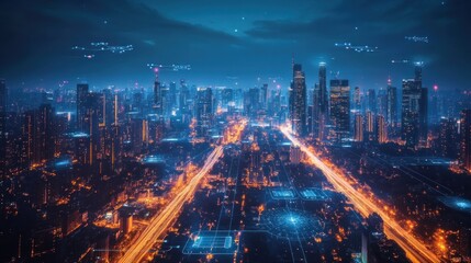 Futuristic cityscape at night with glowing roads and digital overlays.