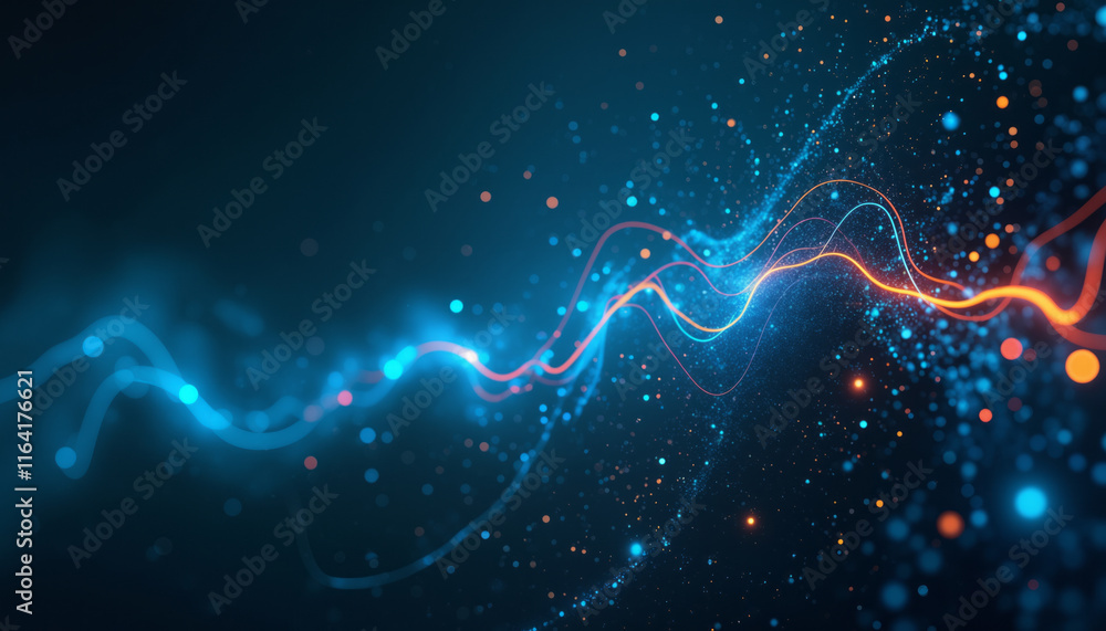 Poster abstract blue background with colorful wavy lines and dots, symbolizing dynamic digital energy and m