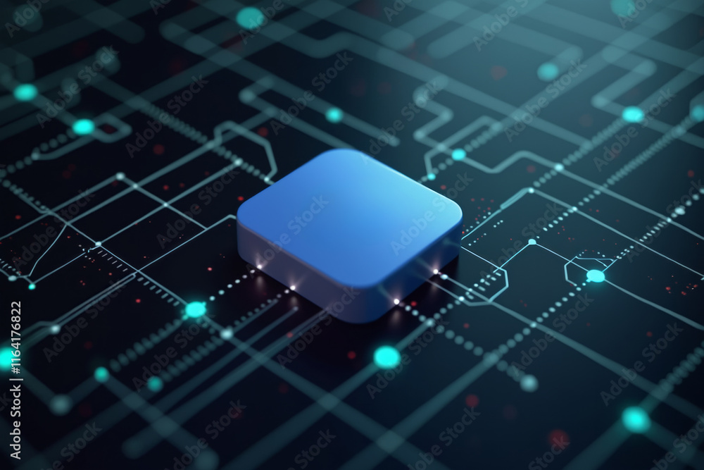 Canvas Prints a blue square on a circuit board, representing digital technology and ai.