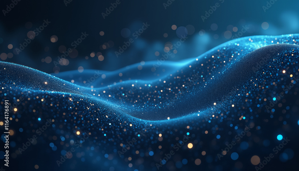 Poster a blue wave with dots on a dark background, representing digital communication and networks.