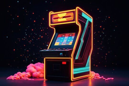 An arcade machine is showcased with a glowing background, enhancing the visual experience.
