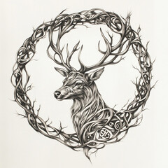 Obraz premium A stylized stag, with a body shaped like a circle or diamond, represents cycles of life and renewal, connects it to the earth, and symbolizes growth and nurturing.