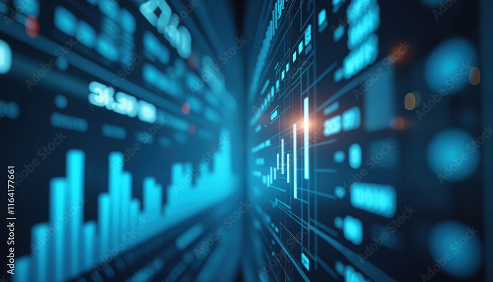 Poster abstract digital financial data stream: digital image with abstract blue data streams and charts, sy