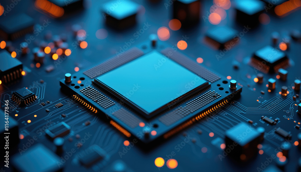 Poster modern microchip with red glow: a modern microchip with a red glow, symbolizing advanced computing a