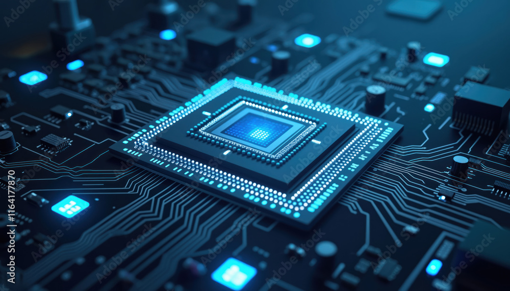 Poster blue circuit board with central processor: a central processor on a blue circuit board, surrounded b