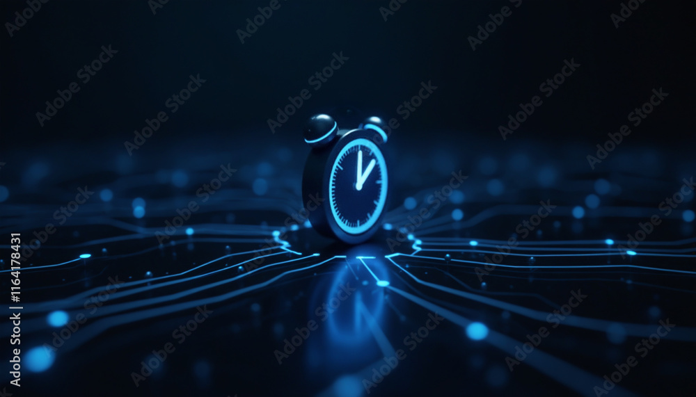 Poster alarm clock icon with network connectivity: an alarm clock icon connected within a digital network, 