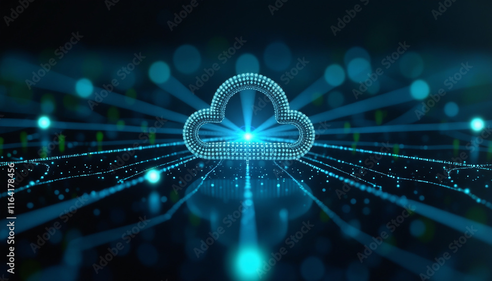 Poster cloud with circuit connectivity: a cloud icon integrated with circuits, representing advanced cloud 