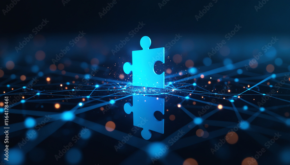 Poster puzzle piece icon with network integration: a puzzle piece icon within a digital network, symbolizin