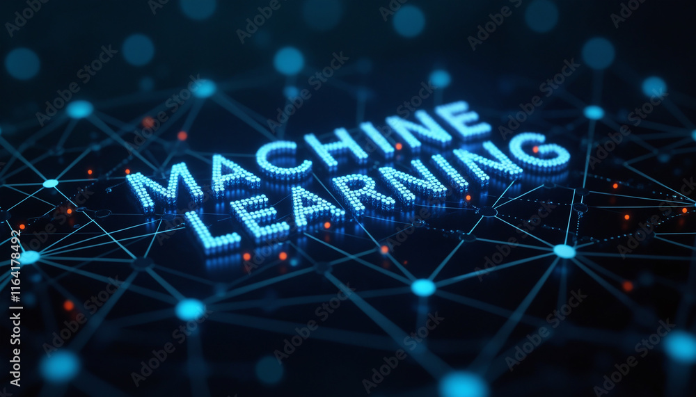 Poster machine learning word with digital network: the phrase machine learning displayed within a connected