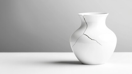 Fragile porcelain vase cracked and slightly tilted on white table, symbolizing vulnerability and fragility in life and relationships.