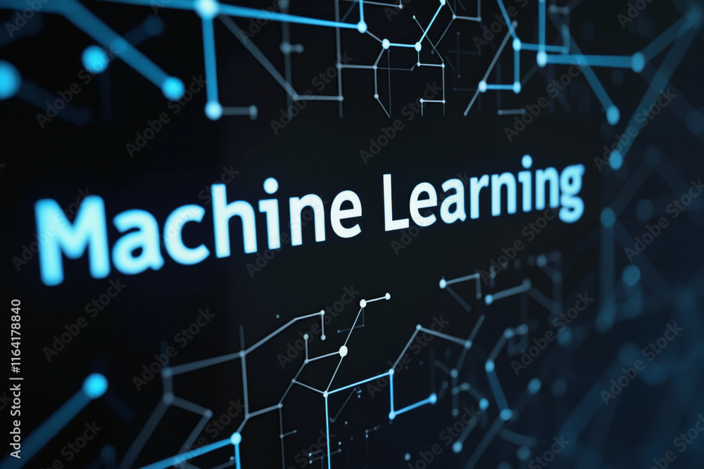 Poster the words machine learning in white capital letters on a dark blue background, with a network of whi