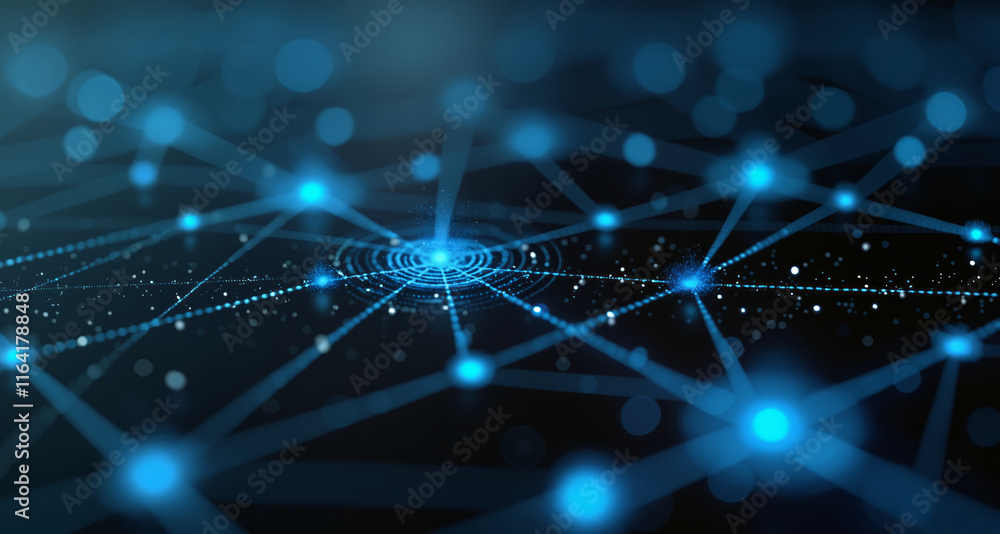 Poster dark blue background with connected lines and dots, symbolizing blockchain technology and secure dig