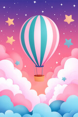 Colorful hot air balloon floats among dreamy clouds and stars