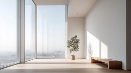 Minimalist room with wooden bench and potted plant in natural light