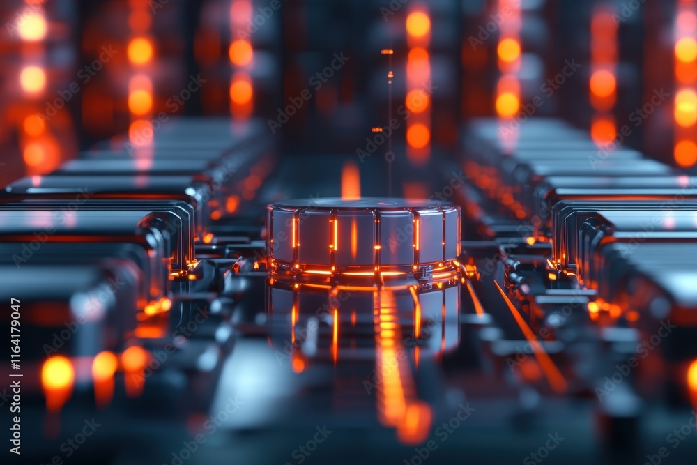 Poster exploring futuristic technology with glowing circuits in a high-tech environment
