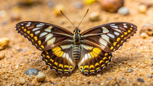 Butterfly Prepona Laerte on the sand, its wings brown with yellow spots and a white stripe, exotic, outdoor,  exotic