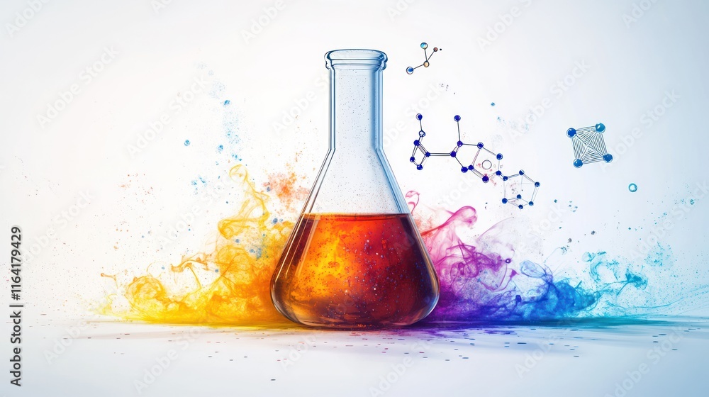 Aufkleber erlenmeyer flask with colorful liquid splash and molecules.