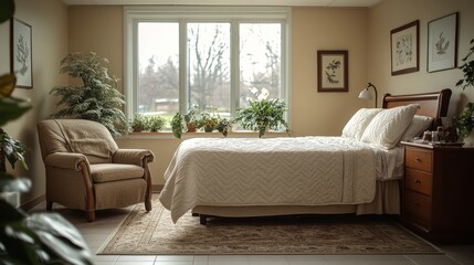Fototapeta premium A cozy bedroom features a well-made bed, a comfortable chair, and abundant greenery by the window. Soft natural light enhances the calming ambiance in the room.