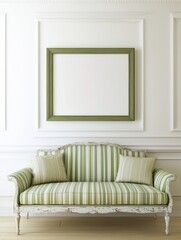 Elegant Green Striped Sofa with a Blank Frame on Wall
