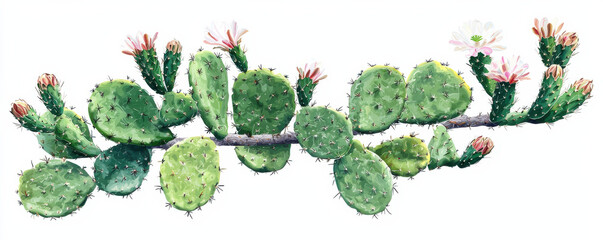 Fototapeta premium blooming prickly pear cactus branch with green pads and pink and white flowers
