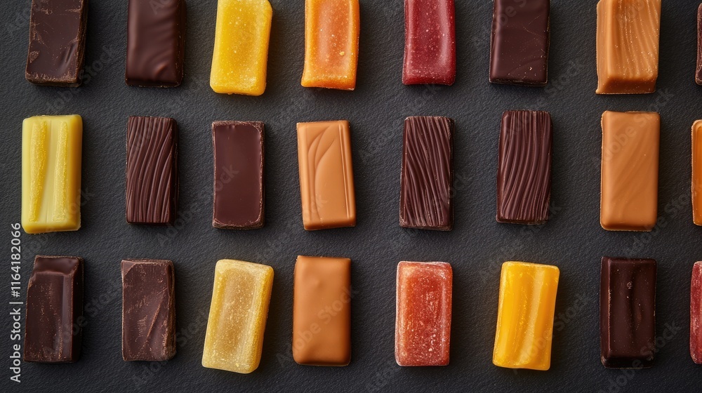Poster assorted chocolate candy pieces neatly arranged on a dark slate background with soft lighting and em