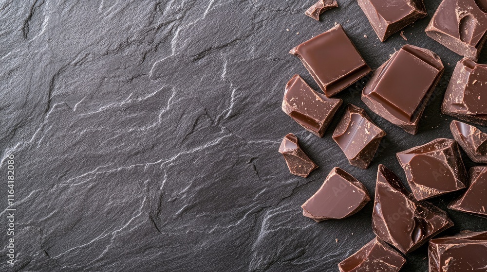 Poster assorted chocolate candy pieces neatly arranged on a dark slate background with soft lighting and em