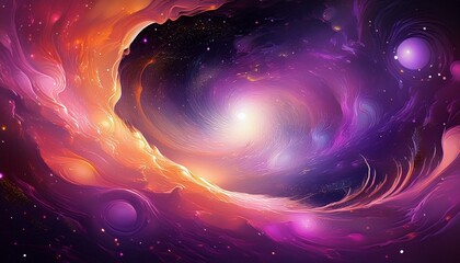 Obraz premium Abstract galaxy-inspired art with swirling purple, pink, and orange tones, dotted with tiny stars.