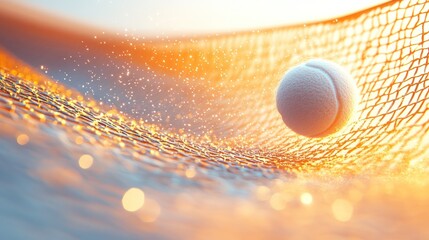 Tennis ball in net, sunset, golden light, water droplets.