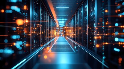 Futuristic server room hallway with glowing technology.