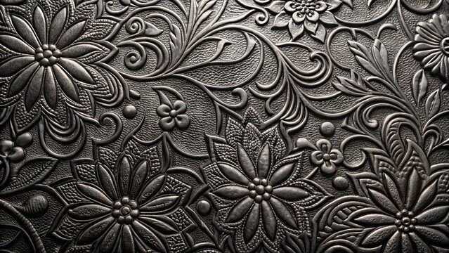 Shiny black leather with embossed floral patterns and intricate designs , black, design,  black, design, floral, ornate